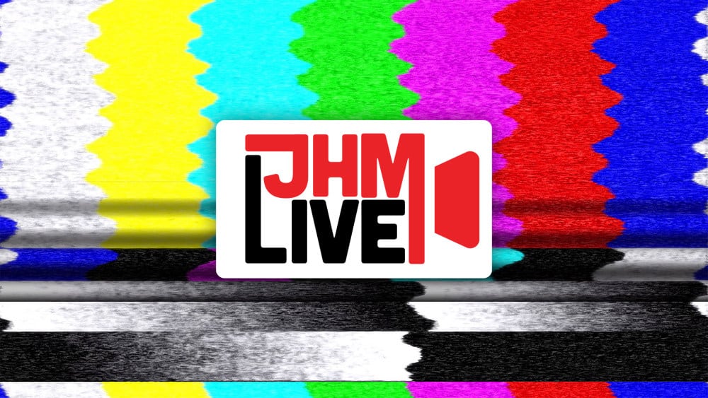 JHM Live graphic showing colorful video static in the background